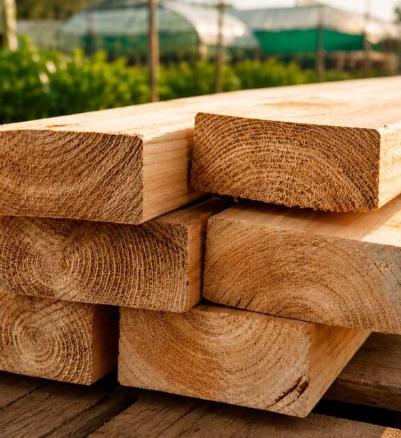 Ofrece una solución versátil y duradera para estructuras agrícolas y proyectos que requieren madera protegida contra las condiciones propias del uso exterior.